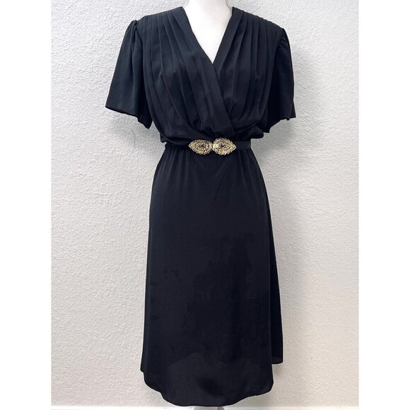 VTG MALALA 1970s Womens XL Black Belted Pleated Surplice S/S Disco DRESS USA EUC